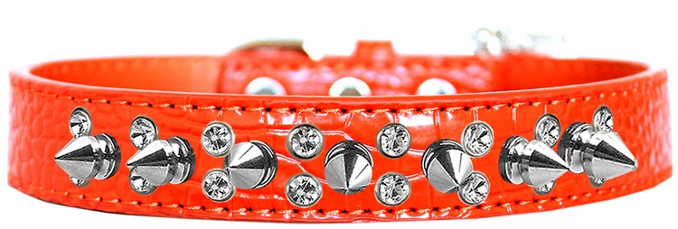 Double Crystal and Spike Croc Dog Collar Orange Size 18